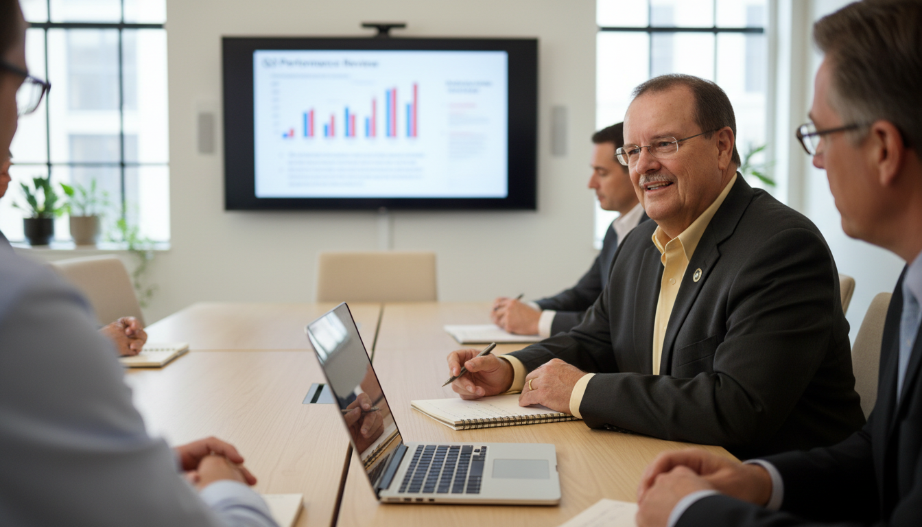 Advisor leading a performance review meeting with business leaders