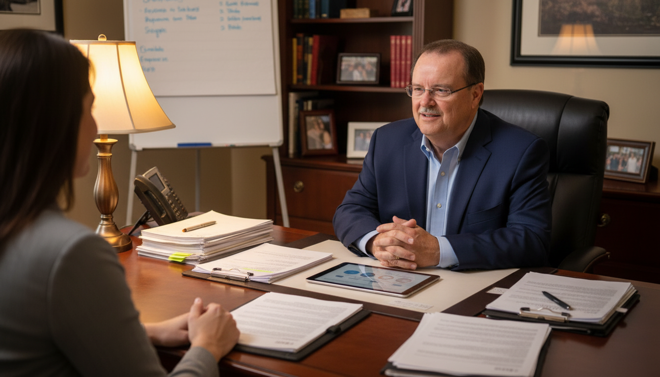 Business advisor meeting with a client across an office desk